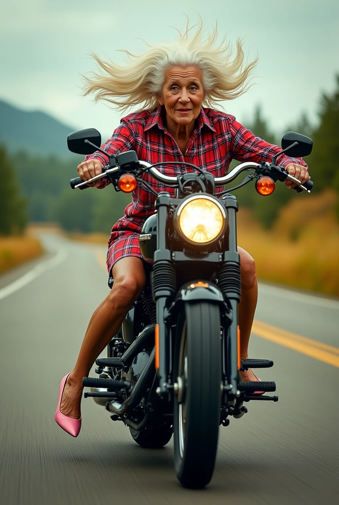 Side shot, 90 year old woman with long, spiky, extremely messy white hair, riding a Harley Davidson, wearing a 70's American plaid dress, cute pink pumps, speeding down a country road, background moving at high speed,