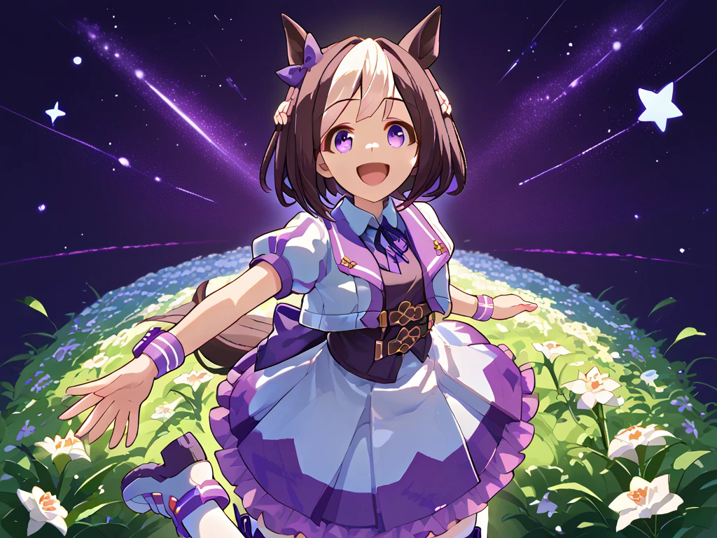 best quality, absurdres, masterpiece, 1人の女の子
special week \(Uma Musume\), 
ear bow, purple bow, puffy short sleeves, neck ribbon, blue ribbon, cropped jacket, white jacket, two-tone jacket, collared shirt, white shirt, purple vest, wristband, wrist cuffs, white skirt, pleated skirt, two-tone skirt, frilled skirt, frills,   zettai ryouiki, white thighhighs, white footwear, purple footwear, asymmetrical footwear, mismatched footwear, Durable sneakers, looking at viewer, in the field of flowers, surrounded by stars and stardust, at midnight, from front, moonlight, happy, laughing, tall, 30-year-old, adult, cute, beautiful, standing, upper body