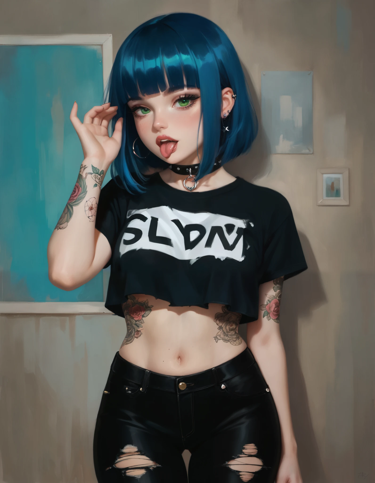 score_9, score_8_up, score_7_up, 1girl, ,((( long straight hair,1,5))), (dark blue hair:1.5), blunt bangs, (green eyes), voluptuous, pale skin, , goth attire, punk attire, ripped cropped t-shirt, leather pants, pierced navel, belly tattoo, , spiky armbands, chocker,, tongue piercing, tongue, tongue out, open mouth,