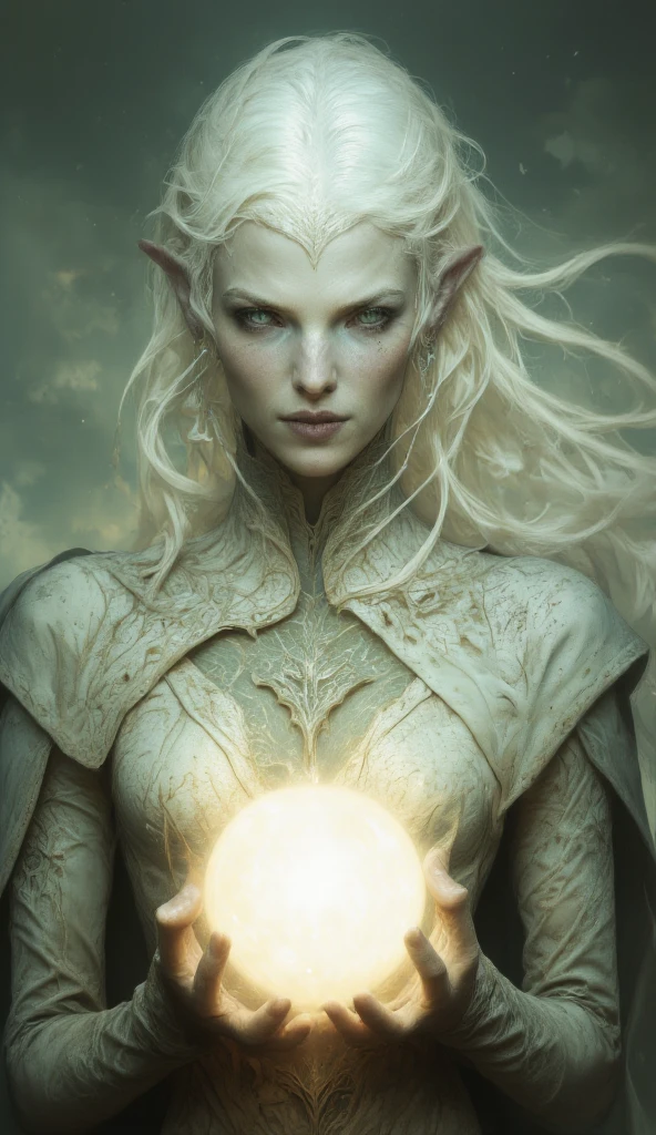 upper body portrait of a female with long white hair, she is holding a glowing orb, ethereal, whimsical