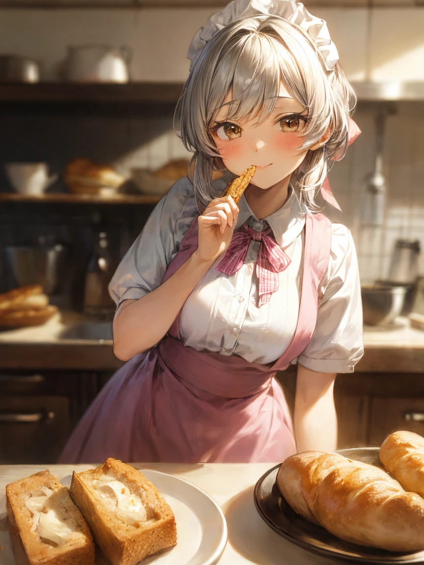 (masterpiece, highest quality:1.2)、(1 girl)、short hair, Silver Hair, crew, pink ribbon, White shirt, Short sleeve, pink Skirt, Blue Apron, Gingham Apron, High Waist Skirt, waitress, indoor,bakery,Cafe,blush,smile,Open your mouth, Upper body, leaning forward, Eating bread, (nsfw) 