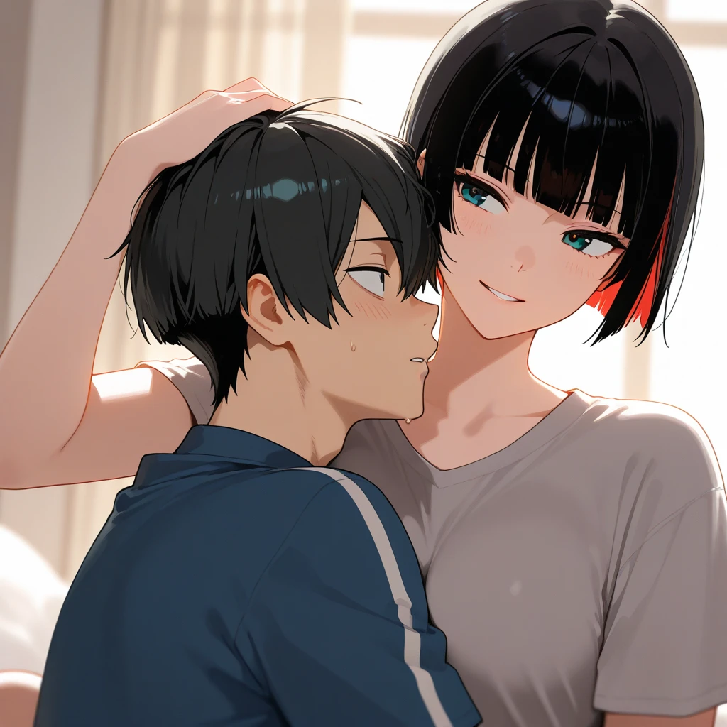 高いquality illustration, masterpiece, Very delicate and beautiful,Slender body,slim,Beautiful Eyes,(masterpiece, Highest quality:1.2), High resolution, Very detailed CG ユニティ 8k 壁紙, Perfect lighting, colorful, 超High resolution,4K,Very detailed, photograph, 8k, High resolutionolution、Drawn from the front、Very young girl、Sports uniforms、Sportswear、Bloomeruscular、Sportsman、Black Hair、Short Hair、smile、スポーツGym,Gym、Sweat、Surrounded by men、((thigh))、belly button、((penis))、((penisを咥える))、(Blowjob)、