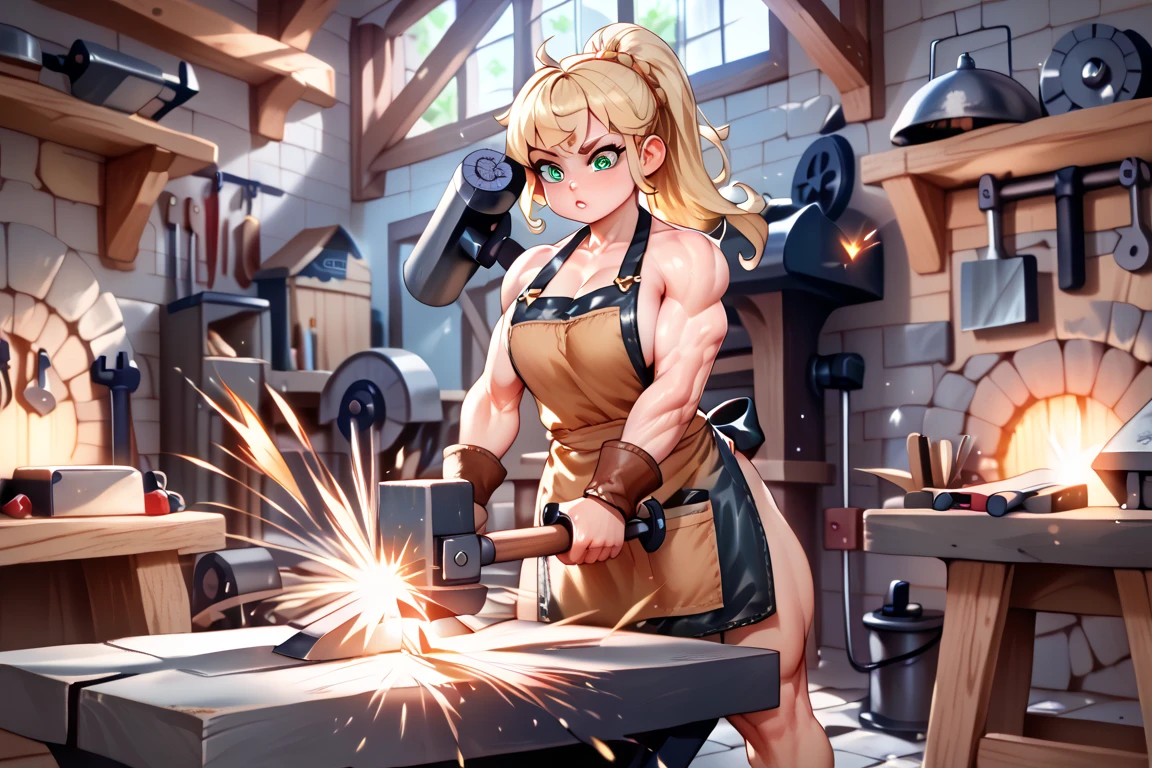 (masterpiece), best quality, expressive eyes, perfect face. Dwarven blacksmith girl, blonde tied up, ((petite muscular body))((busty firm breasts))(((twelve years old))) (petite, , loli, shortstack) naked apron, leather apron, anvil and hammer, ((hammering iron, smithy, workshop, sparks, forge,))full body view low angle. Hammering motion. 