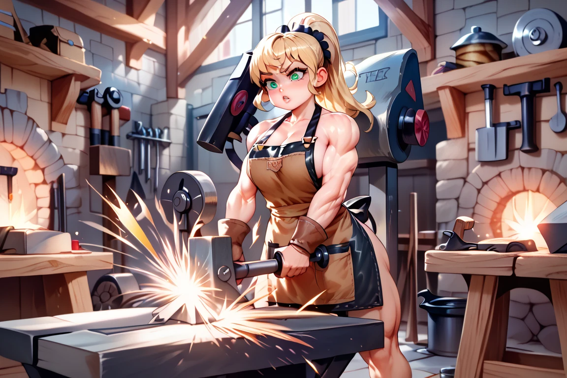 (masterpiece), best quality, expressive eyes, perfect face. Dwarven blacksmith girl, blonde tied up, ((petite muscular body))((busty firm breasts))(((twelve years old))) (petite, , loli, shortstack) naked apron, leather apron, anvil and hammer, ((hammering iron, smithy, workshop, sparks, forge,))full body view low angle. Hammering motion. 