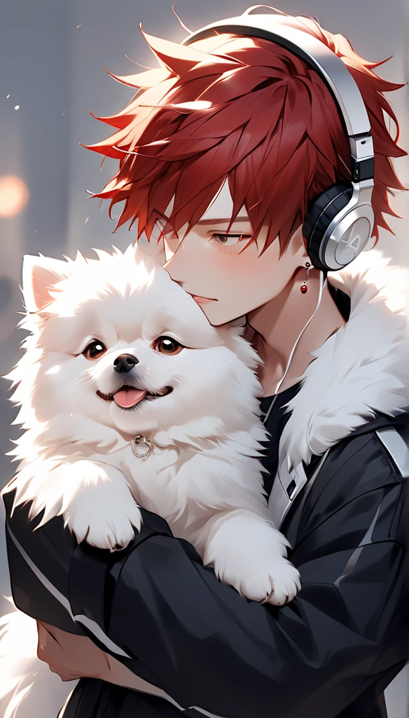 " A young man with bright red hair , bright skin, and the soft expression , wearing an oversized black jacket.  He wears silver headphones around his neck and has earrings in his left ear .  The man hugs an adorable-looking white fluffy Pomeranian dog.  The background is plain white ,  gives full focus to the character of the man and his dog ."