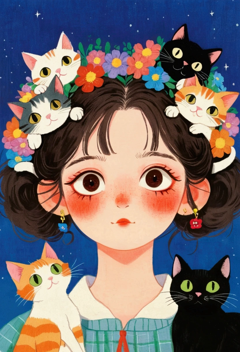 There is a painting， This painting is a girl ， with a bunch of cats on their heads  ,   colored pencil drawing by Yanagawa Nobumasa, pixiv, what is it？, Japanese illustrator, The girl with cat ears ,  Studio Ghibli Art , studio  Ghibli Art Style ,  Ghibli Art Style ,  Ghibli Art Style , Portrait 1 2  . 0,  portrait c 12 .0