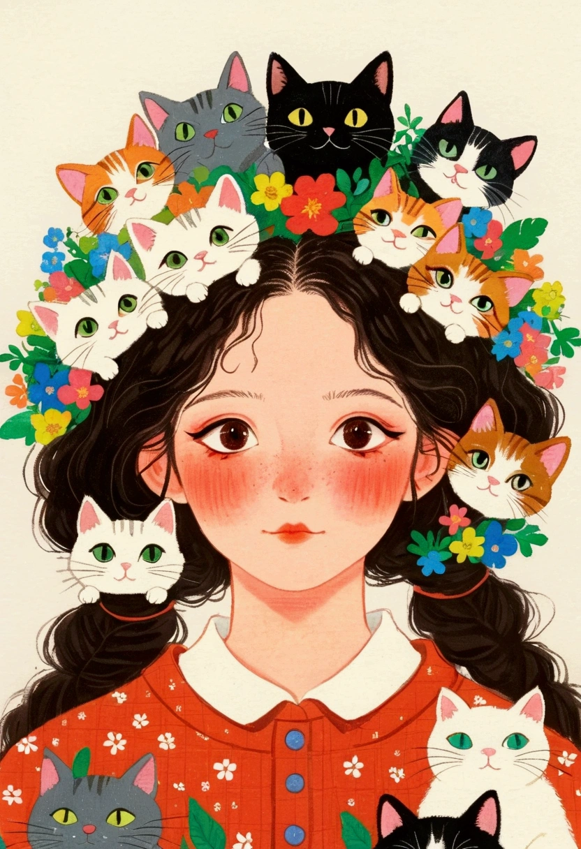 There is a painting， This painting is a girl ， with a bunch of cats on their heads  ,   colored pencil drawing by Yanagawa Nobumasa, pixiv, what is it？, Japanese illustrator, The girl with cat ears ,  Studio Ghibli Art , studio  Ghibli Art Style ,  Ghibli Art Style ,  Ghibli Art Style , Portrait 1 2  . 0,  portrait c 12 .0