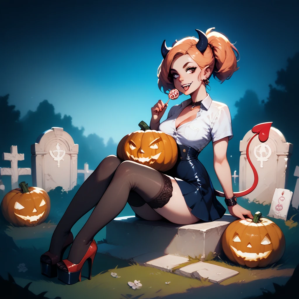 girl in short skirt, neckline,  stockings, platform heels and devil's tail asking for candy at midnight in a cemetery,  sitting on a pumpkin