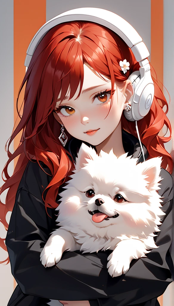 "A young woman with long bright red hair, bright skin, and the soft expression , wearing an oversized black jacket.  He wears silver headphones around his neck and has earrings in his left ear .  The woman hugs an adorable-looking white fluffy Pomeranian dog.  The background is plain white , gives full focus to the female character and her dog ."