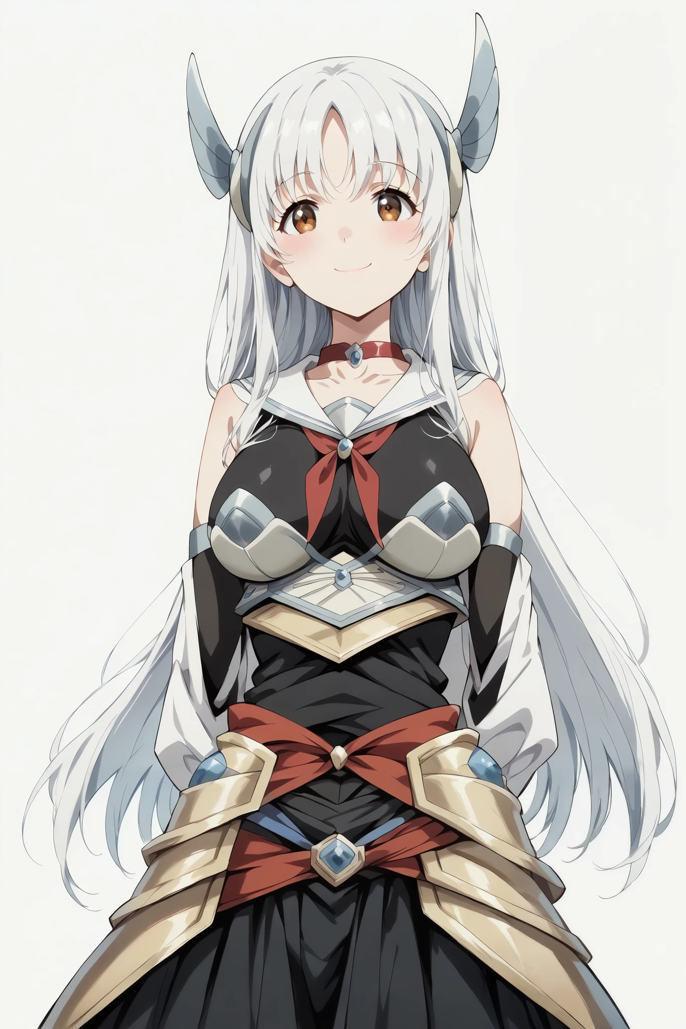 Anime girl with white hair and horns in a black dress - SeaArt AI