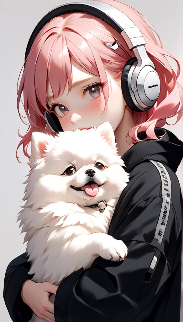 "A young woman with long bright pink hair , bright skin, and the soft expression , wearing an oversized black jacket.  He wears silver headphones around his neck and has earrings in his left ear .  The woman hugged an adorable looking white fluffy Pomeranian dog.  The background is plain white , gives full focus to the female character and her dog ."