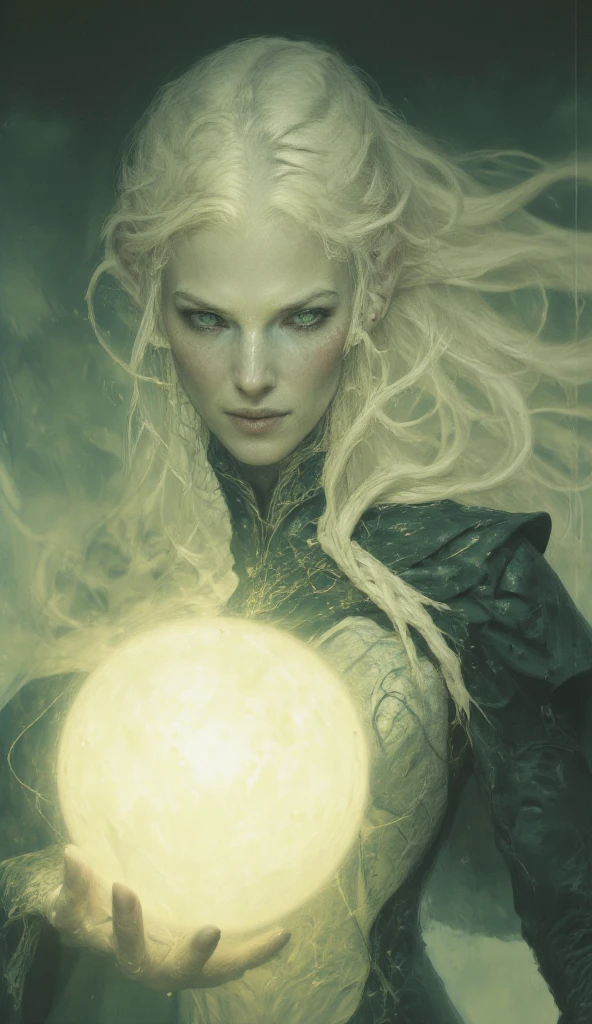 upper body portrait of a female with long white hair, she is holding a glowing orb, ethereal, whimsical