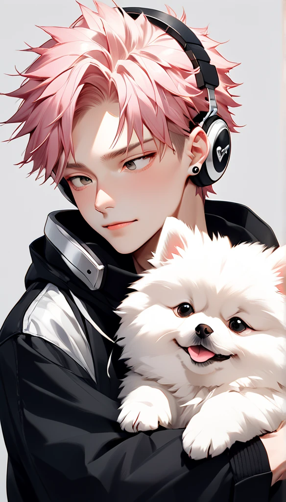 "A young man with bright pink hair , bright skin, and the soft expression , wearing an oversized black jacket.  He wears silver headphones around his neck and has earrings in his left ear .  The man hugs an adorable looking white fluffy Pomeranian dog.  The background is plain white ,  gives full focus to the character of the man and his dog ."