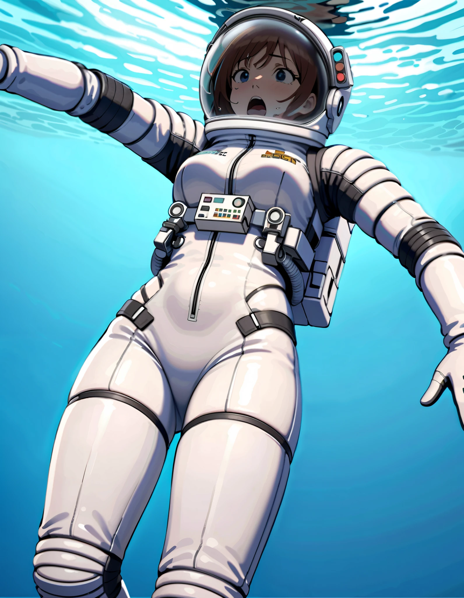  Female astronaut fell into the water， Water penetrated into the spacesuit ，Drowning occurred ,The helmet broke a hole ， water flowing into the spacesuit， There was a lot of water in the helmet 