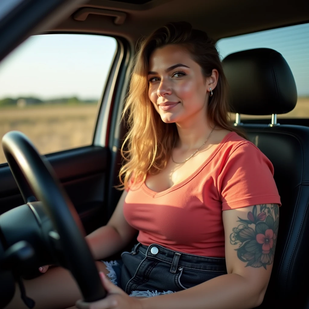 A "UHD" image of "female" Laurence Bedard (Age 25) dressed in "leggings". They have "blue eyes" and "french-twist" hair style. Location: car. Additional Information: smiling, looking out of side window,