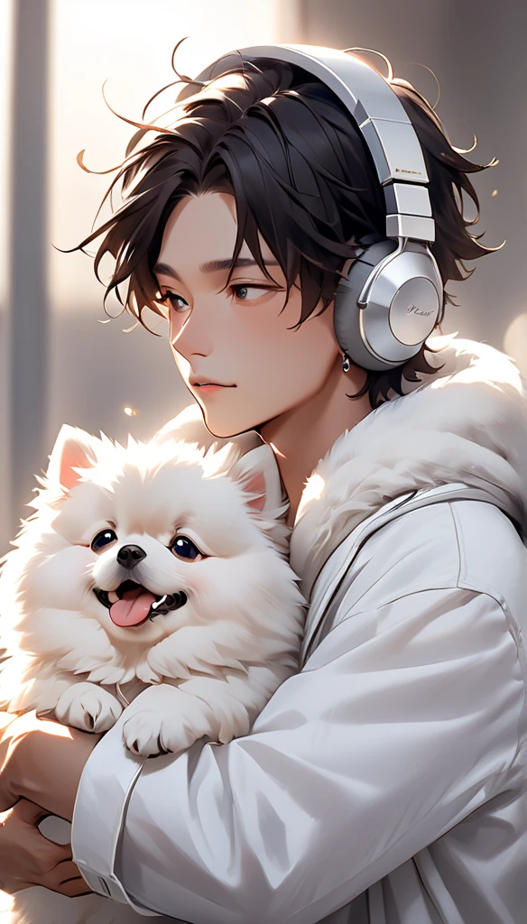 " A young man with bright dark hair, bright skin, and the soft expression , wearing an oversized white jacket .  He wears silver headphones around his neck and has earrings in his left ear .  The man hugs an adorable looking white fluffy Pomeranian dog.  The background is plain white ,  gives full focus to the character of the man and his dog ."