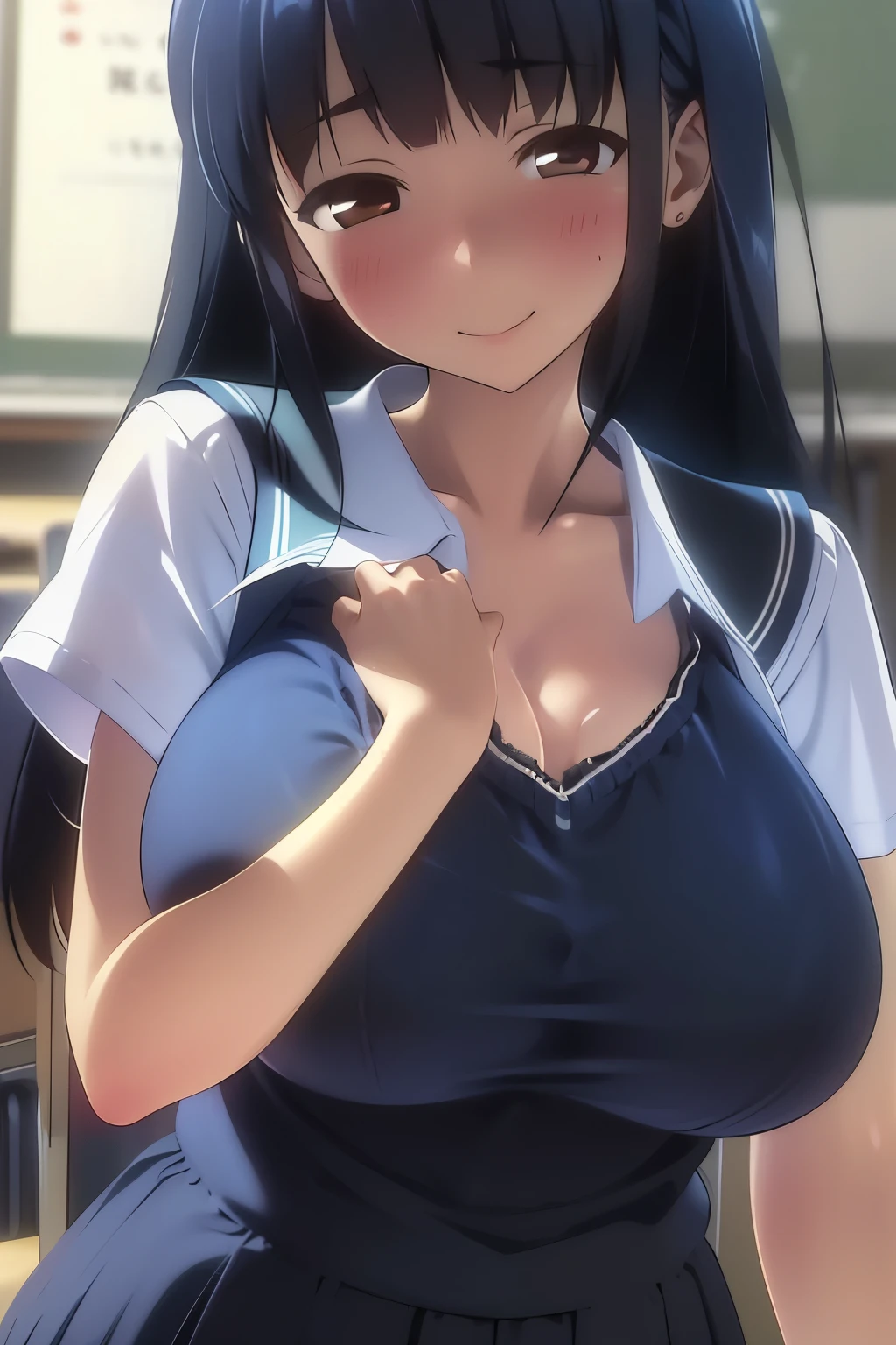 (超 high res,  very detailed,  photo, 8k,  high res,  absurd:1.2),  Japanese girl ,  high school girl,  long black hair , Short bangs,   beautiful character design , perfect face,  beautiful detail eye detail ,Loving eyes,  brown eyes ,(( Open your eyes for a moment)), (  orgasm, A smile doing something nasty:1.2), ( school uniform:1.6), ( huge breasts:1.2), (Deep Valley:1.2), (1boy, throw, Grab your chest with both hands:1.1), Nobody is in the classroom ,Daytime