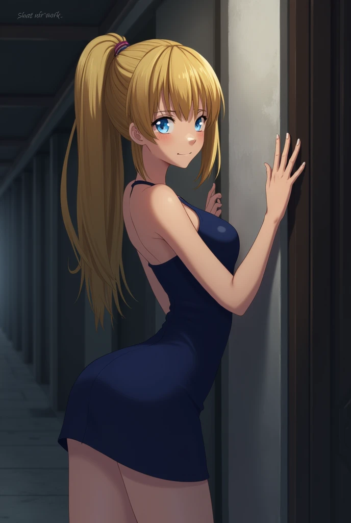 Safe for work, masterpiece, best quality, solo, 1 girl, facing forward, looking at camera, (young female body:1.4), ( medium breasts), slender legs, golden yellow hair, extra long hair, blunt bangs, crystal blue eyes, very detailed eyes, brick wall, nighttime, ponytail, dark alleyway, leaning on wall, dark blue dress, form fitting dress, flustered expression, arched back, arching her back, extra short dress, very short blue dress, sleeveless dress, chest pressed against wall, leaning against wall, both hands on wall, arched ass, strapless dress, backless dress, exposed back, leaning forward, one hand on ass, drunk girl