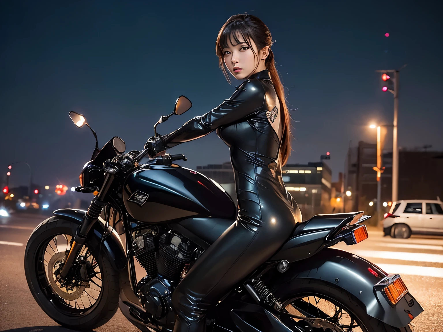 Beautiful and sexy woman in black leather full body suit, a woman riding a large motorcycle, long brown curly hair, hair blowing in the wind, red lipstick, Fujiko Mine from the anime Lupin III, Fujiko Mine, slender figure and beautiful bell-shaped breasts, high heeled black boots, Gotham City at night,