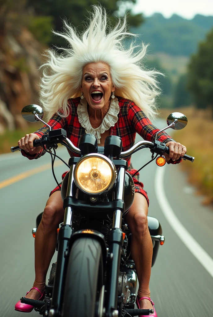 Side shot, 90 year old woman with long, spiky, extremely messy white hair riding a Harley Davidson, heavy make-up but wrinkled face, wearing a 70s American plaid dress with a frilly collar, cute pink pumps, driving at super high speed down a country road, background moving at a tremendous speed,