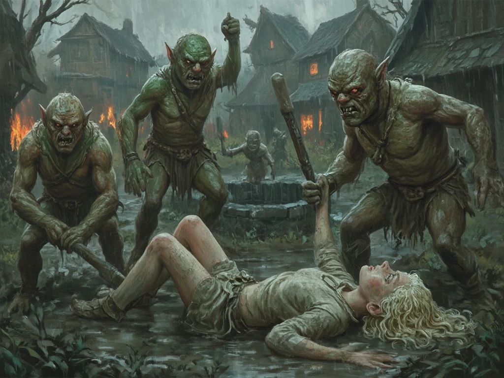 Part 7  : (( high resolution,  ultra-detailed frame )),  ((  focusing on the subtle details and atmosphere of the scene))spring,  Rainy weather , medieval themes, all characters are visible in the frame, arras: - fat , green,  small , naked with huge clubs in her hands ,  have sharp teeth , long claws, A vile face. 
 1- In the background We see a burning village in a swamp ,  the square with a stone well in the center of the square ,  small   горящие деревянные дома покрытые мхом;
 - two goblins pointing their clubs at the girl,  they stand on either side of her ,
 - a blonde girl with pale pink skin with a beautiful face in freckles,  with curly white long hair ,  is lying in the mud on the ground with her face in the mud ,  legs spread wide apart, hands grab the ground ,
 - the girl was wet and dirty from the rain and mud ,  dressed in rags ,  on top of the linen sweater ,  on her legs The tight skirt ,  the girl's bared curvy ass .
+  The gray little goblin pulls off the girl's skirt.