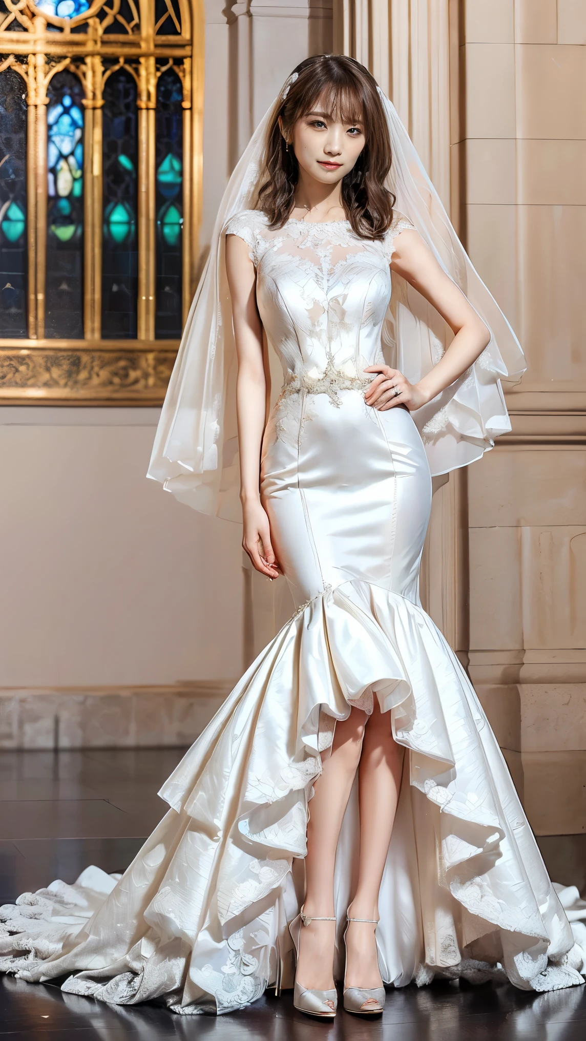 (very slim anorexic slender skinny body:1.4); skinny, thin thighs , beautiful young Japanese woman , 26 years old, Thin legs, perfect skin,Beautiful breasts, ( wedding dress :1.3), (She is standing:1.2), full body shot , high heels by Miguel, Church environment , ( top quality ,8k, masterpiece:1.3), ( extremely detailed:1.2), Perfect Anatomy