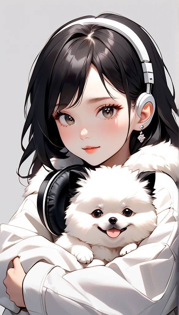 "A young woman with long bright black hair, bright skin, and the soft expression , wearing an oversized white jacket .  He wears silver headphones around his neck and has earrings in his left ear .  The woman hugged an adorable looking white fluffy Pomeranian dog.  The background is plain white , gives full focus to the female character and her dog ."