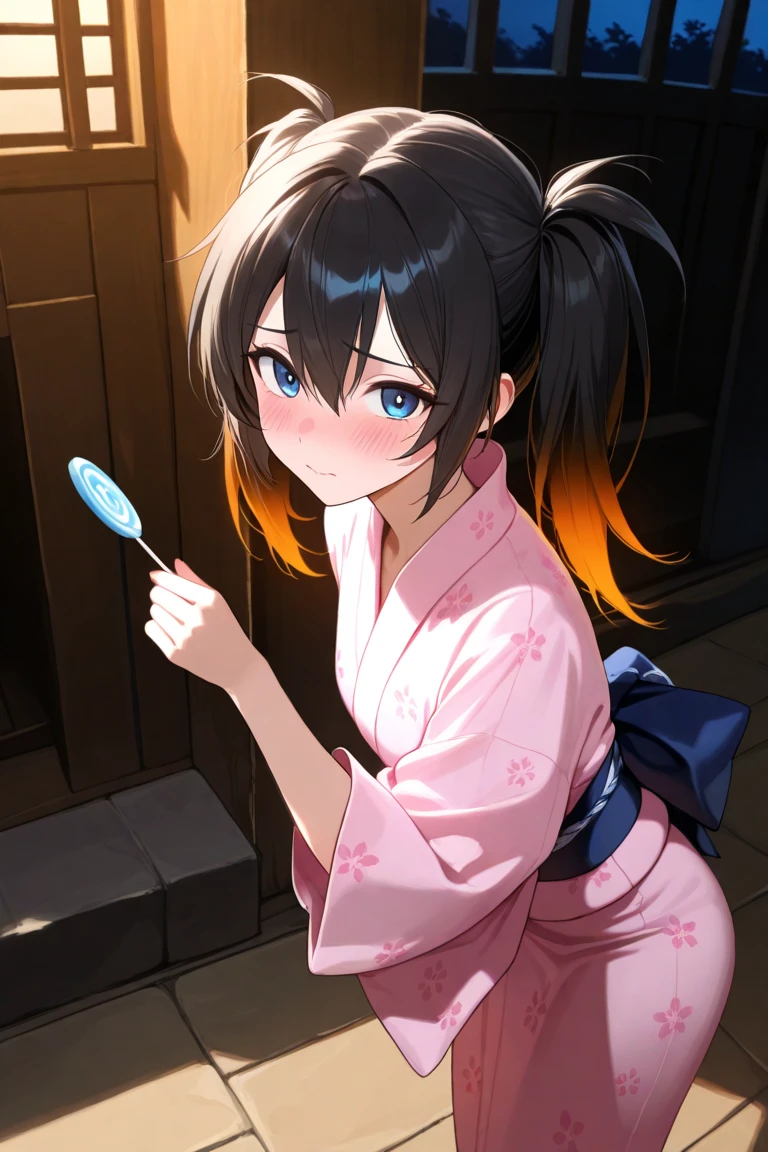  Maximum resolution ,  very detailed ,  best quality,precise,  masterpieces , Solo,1 woman, black hair,I have twintails.,Orange Gradient Hair ,Ponytail hair gradients from black to orange, blue eyes, black-eyed widow , shy faces, pink yukata dress , Japanese shrine ,Holding a candy ,Dark Morning , labyrinth background is anatomically correct, anime images 