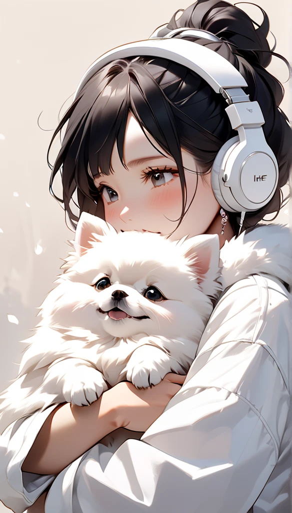 "A young woman with long bright black hair, bright skin, and the soft expression , wearing an oversized white jacket .  He wears silver headphones around his neck and has earrings in his left ear .  The woman hugs an adorable-looking white fluffy Pomeranian dog.  The background is plain white , gives full focus to the female character and her dog ."