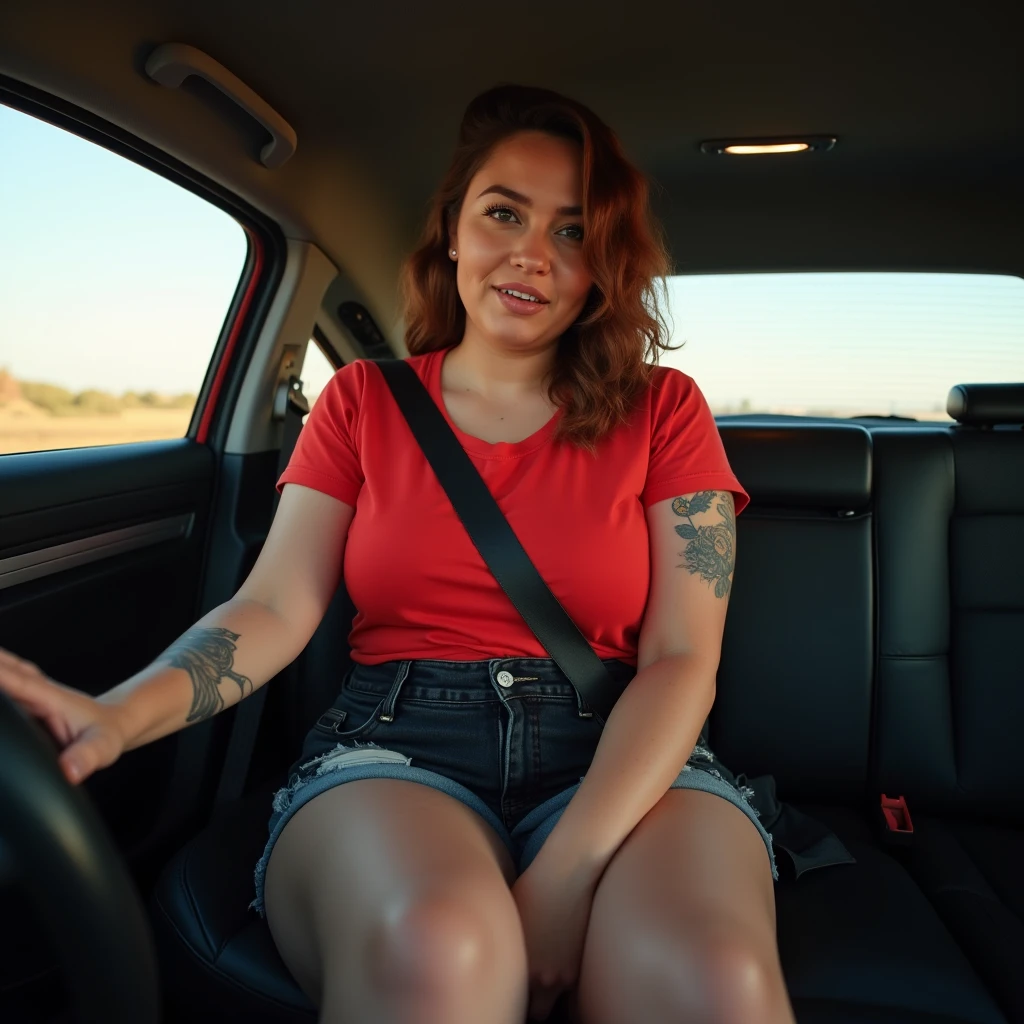 arafed woman sitting in a car with her legs crossed, sitting in her car, profile image, 21 years old, inked, high quality upload, leg and thigh shot, tattooed, her hands are on her thighs