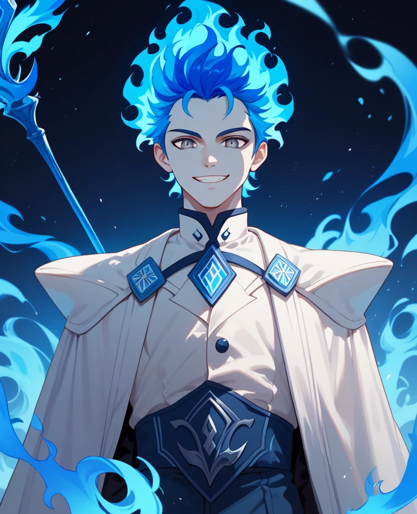 man, flaming hair, white skin, anime style, blue fire powers, gray eyes, blue hair, four eyes, short hair, smile, blue energy trident, blue fire, blue flame throne, spiky hair