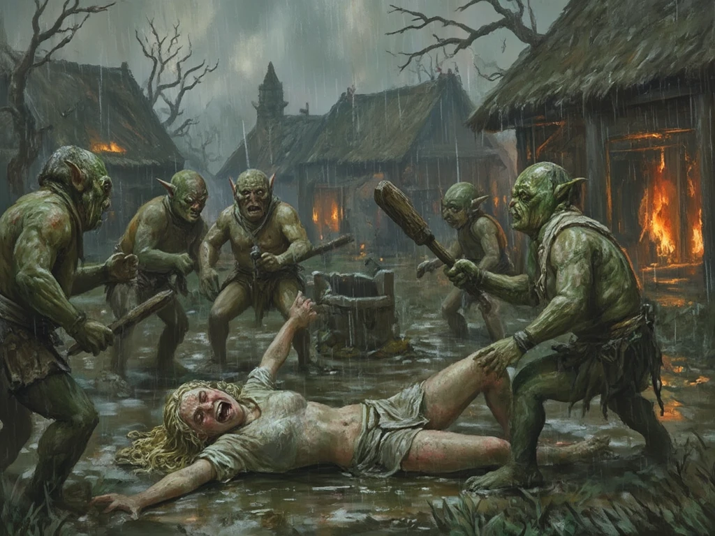 Part 7  : (( high resolution,  ultra-detailed frame )),  (( , focusing on the subtle details and atmosphere of the scene ))spring,  Rainy weather , medieval themes, all characters are visible in the frame, arras: - fat , green,  small , naked with huge clubs in her hands ,  have sharp teeth , long claws, A vile face. 
 1- In the background We see a burning village in a swamp ,  the square with a stone well in the center of the square ,  small   горящие деревянные дома покрытые мхом;
 - two goblins pointing their clubs at the girl,  they stand on either side of her ,
 - a blonde girl with pale pink skin with a beautiful face in freckles,  with curly white long hair ,  is lying in the mud on the ground with her face in the mud ,  The girl is screaming in pain ,  legs spread wide apart, hands grab the ground ,
 - the girl was wet and dirty from the rain and mud ,  dressed in rags ,  on top of the linen sweater ,  on her legs The tight skirt ,  the girl's bared curvy ass .
+  The gray little goblin pulls off the girl's skirt.