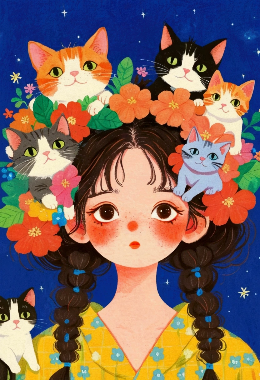 There is a painting， This painting is a girl ， with a bunch of cats on their heads  ,   colored pencil drawing by Yanagawa Nobumasa, pixiv, what is it？, Japanese illustrator, The girl with cat ears ,  Studio Ghibli Art , studio  Ghibli Art Style ,  Ghibli Art Style ,  Ghibli Art Style , Portrait 1 2  . 0,  portrait c 12 .0