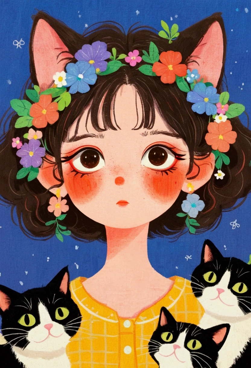 There is a painting， This painting is a girl ， with a bunch of cats on their heads  ,   colored pencil drawing by Yanagawa Nobumasa, pixiv, what is it？, Japanese illustrator, The girl with cat ears ,  Studio Ghibli Art , studio  Ghibli Art Style ,  Ghibli Art Style ,  Ghibli Art Style , Portrait 1 2  . 0,  portrait c 12 .0