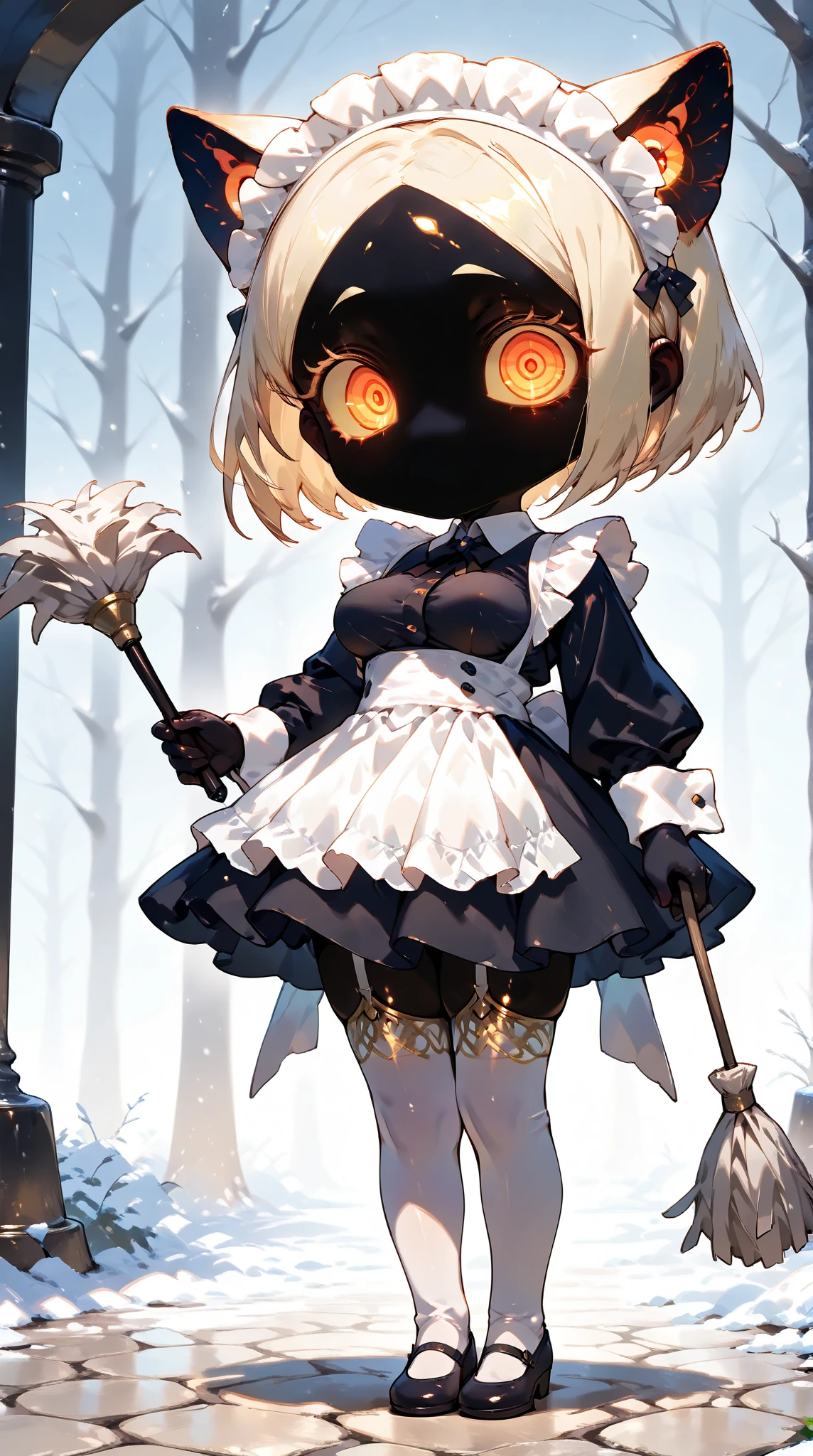 1girl\(black body ,(chibi:0.5), black, black skin, jet black skin ,glossy skin, (no mouth:1.3),shiny skin, Blonde Bob,shiny hair, (Cool beautiful eyes :1.3),big eyes,squinched eyes, cold eyes, glowing eyes, shiny eyeshadow, long golden eyelash, (Narrow eyes:1.3),  well-groomed golden eyebrows,  Victorian maid costume\(Maid headband, frilled apron,black dress,white cuffs\) ,  (white garter stockings:1.1), (Beautiful perky breast), Slim thighs:1.1, full body, gold sclera,Looking viewer, (detailed pupils:1.3),holding Duster\). BREAK .background\(dirty underground Catacombs\)