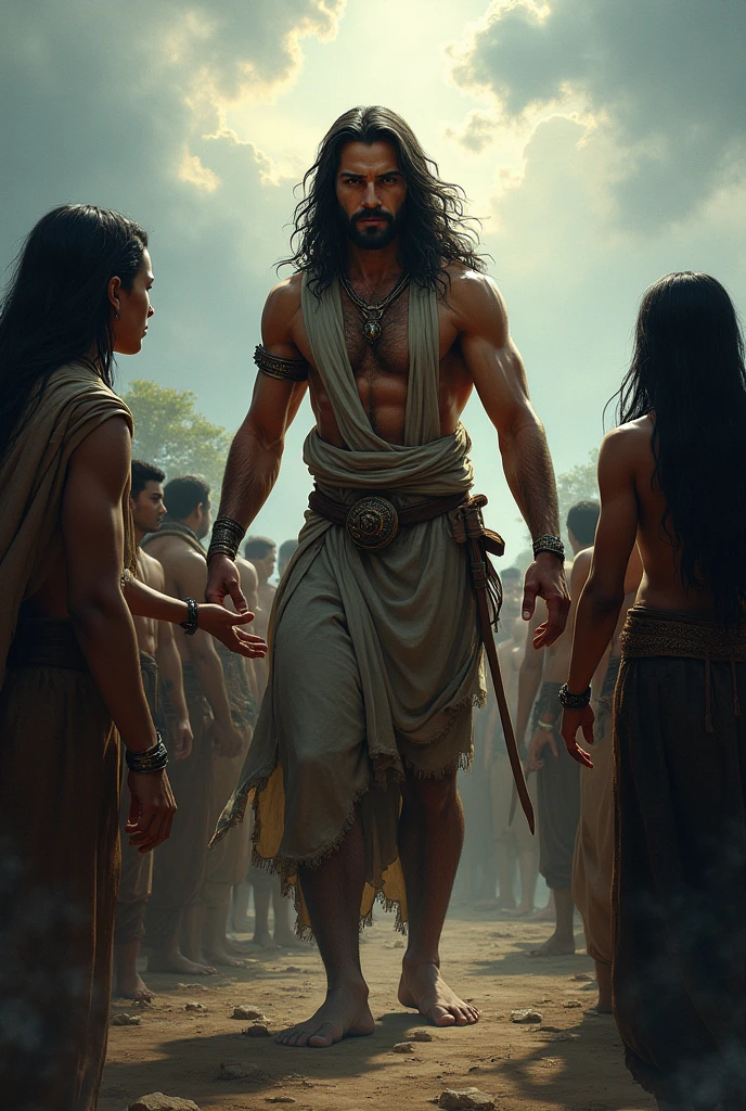 a backdrop depicting a battlefield in grasslands with hundreds of Hanuman army with huge muscular body with divine and devotional facial expressions. The image could show monkey army standing strong and devotional by holding gada over shoulder, creating a sense of strength and determination. It would be quite an impactful wearing saffron cloth. Background should ten hanumans in front and hundreds of army backside with bulk body and holding gada