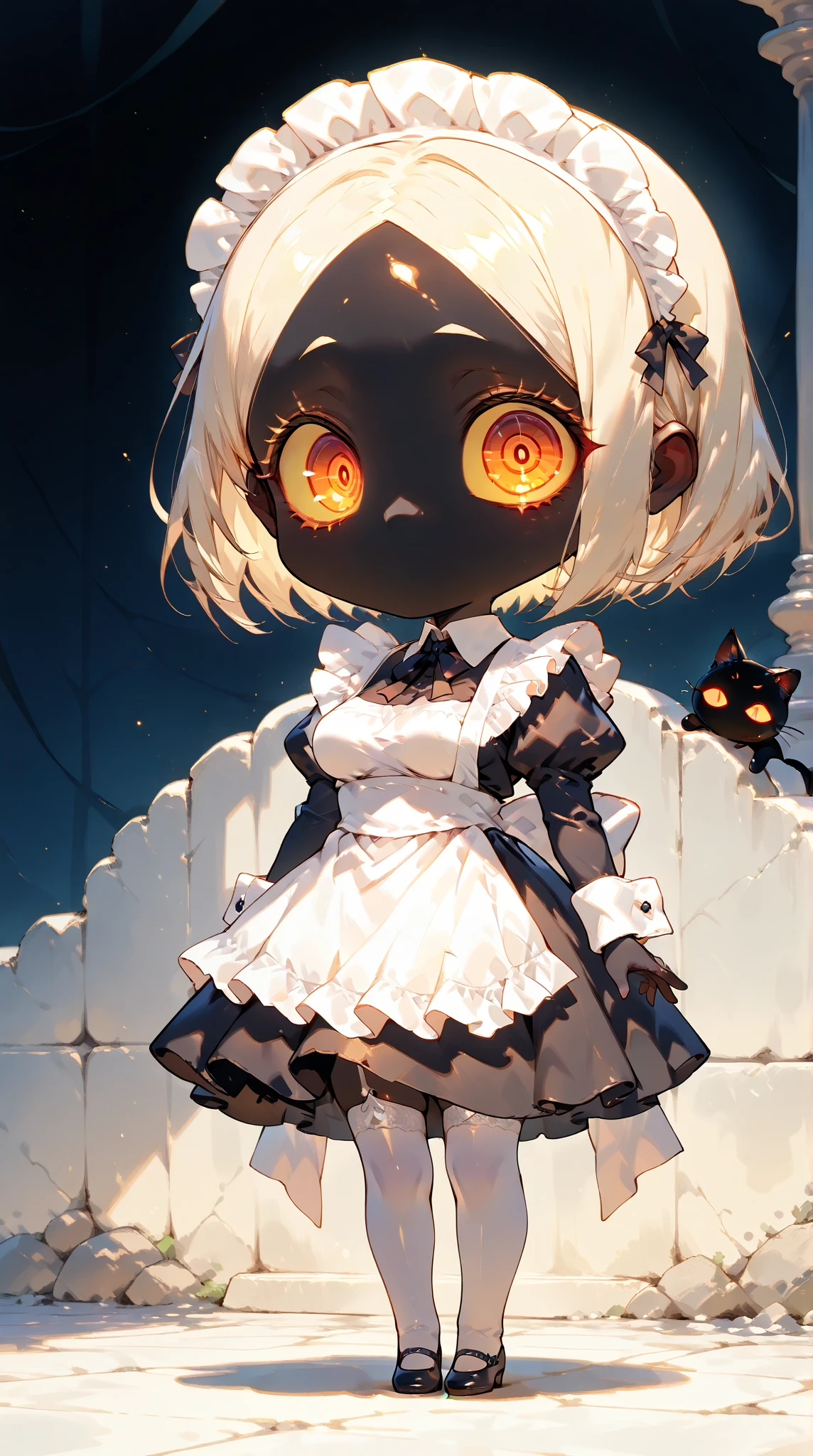 1girl\(black body ,(chibi:0.5), black, black skin, jet black skin ,glossy skin, (no mouth:1.3),shiny skin, Blonde Bob,shiny hair, (Cool beautiful eyes :1.3),big eyes,squinched eyes, cold eyes, glowing eyes, shiny eyeshadow, long golden eyelash, (Narrow eyes:1.3),  well-groomed golden eyebrows,  Victorian maid costume\(Maid headband, frilled apron,black dress,white cuffs\) ,  (white garter stockings:1.1), (Beautiful perky breast), Slim thighs:1.1, full body, gold sclera,Looking viewer, (detailed pupils:1.3),holding black cat\(no mouth\)\). BREAK .background\(dirty underground Catacombs\)