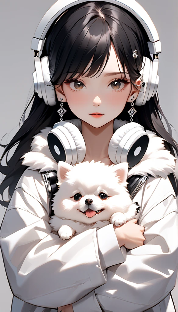 "A young woman with long bright black hair, bright skin, and the soft expression , wearing an oversized white jacket . She wears silver headphones around her neck and has earrings in her right ear.  The woman hugged an adorable looking white fluffy Pomeranian dog.  The background is plain white , gives full focus to the female character and her dog ."