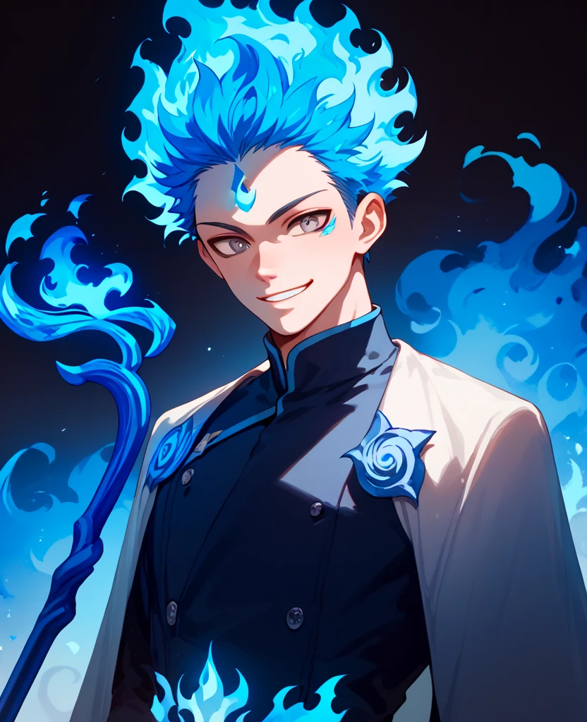 man, flaming hair, white skin, anime style, blue fire powers, gray eyes, blue hair, four eyes, short hair, smile, blue energy trident, blue fire, blue flame throne, spiky hair