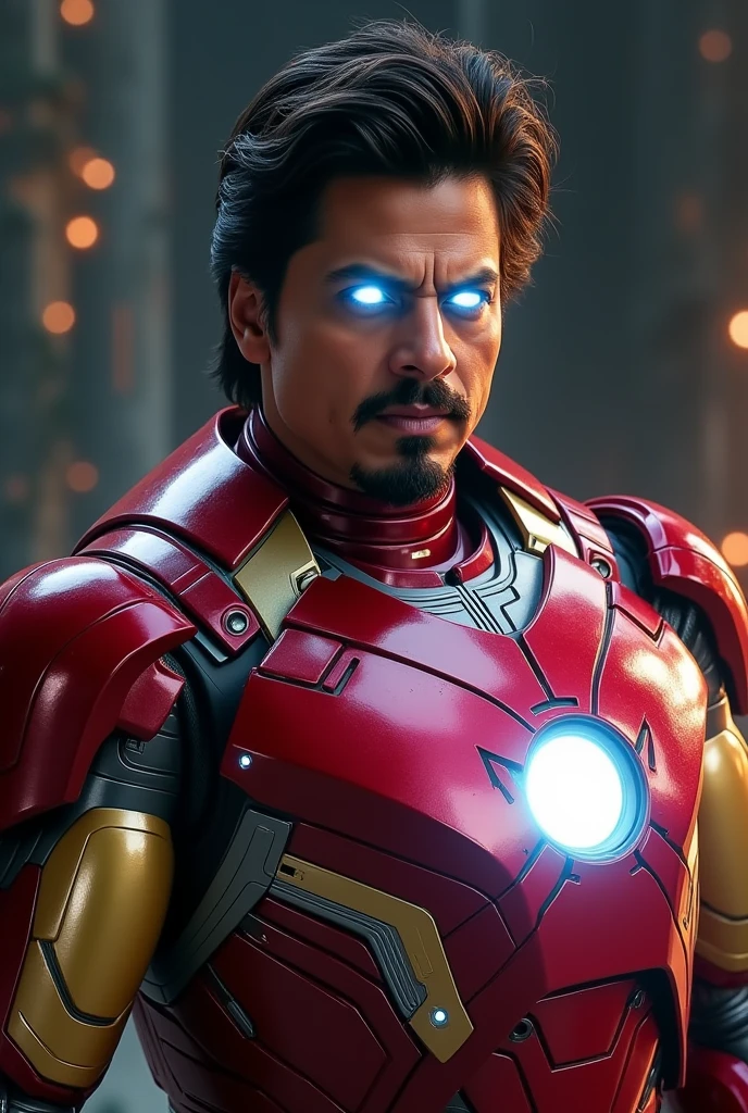 Create an image of Virat Kohli wearing Tony Stark's Iron Man suit. Ensure the suit looks detailed and metallic, capturing the high-tech and futuristic design elements. Virat Kohli's face should be clearly recognizable, with his distinct hairstyle and beard. The background should resemble a dynamic scene, such as a futuristic cityscape or a high-tech lab, to complement the Iron Man theme."