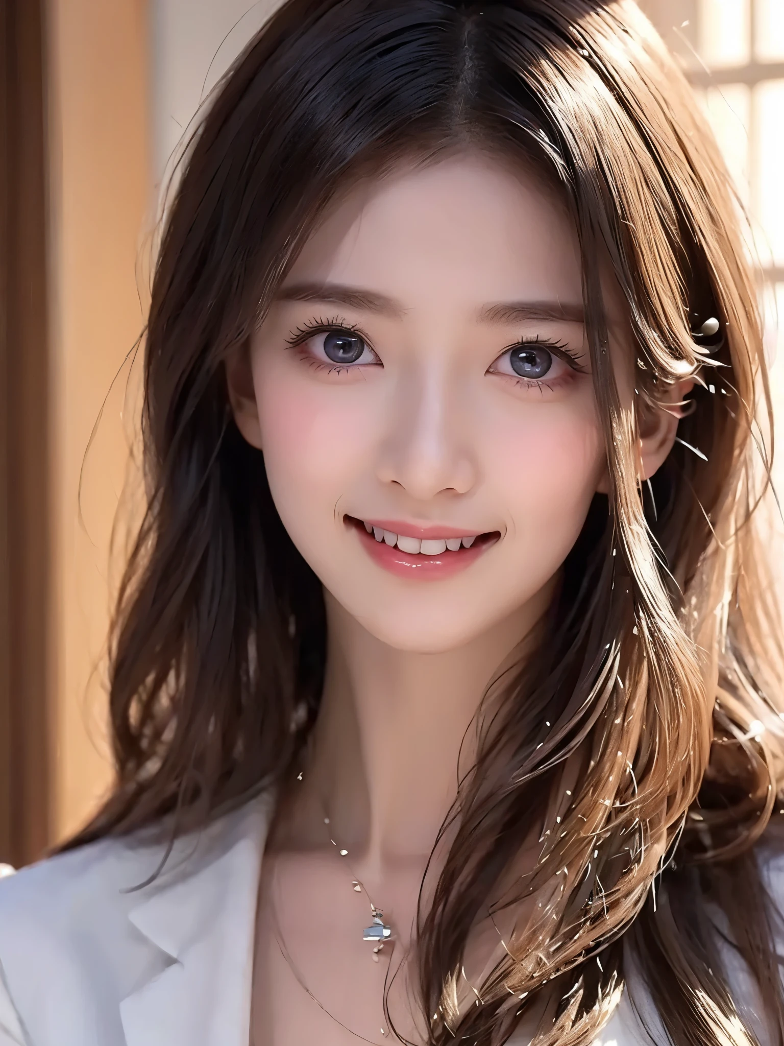 ( 1 woman 、 Masterpiece : 1.4)、 beautiful eyes、 face close-up 、A whole lot of smiles、((medium hair))