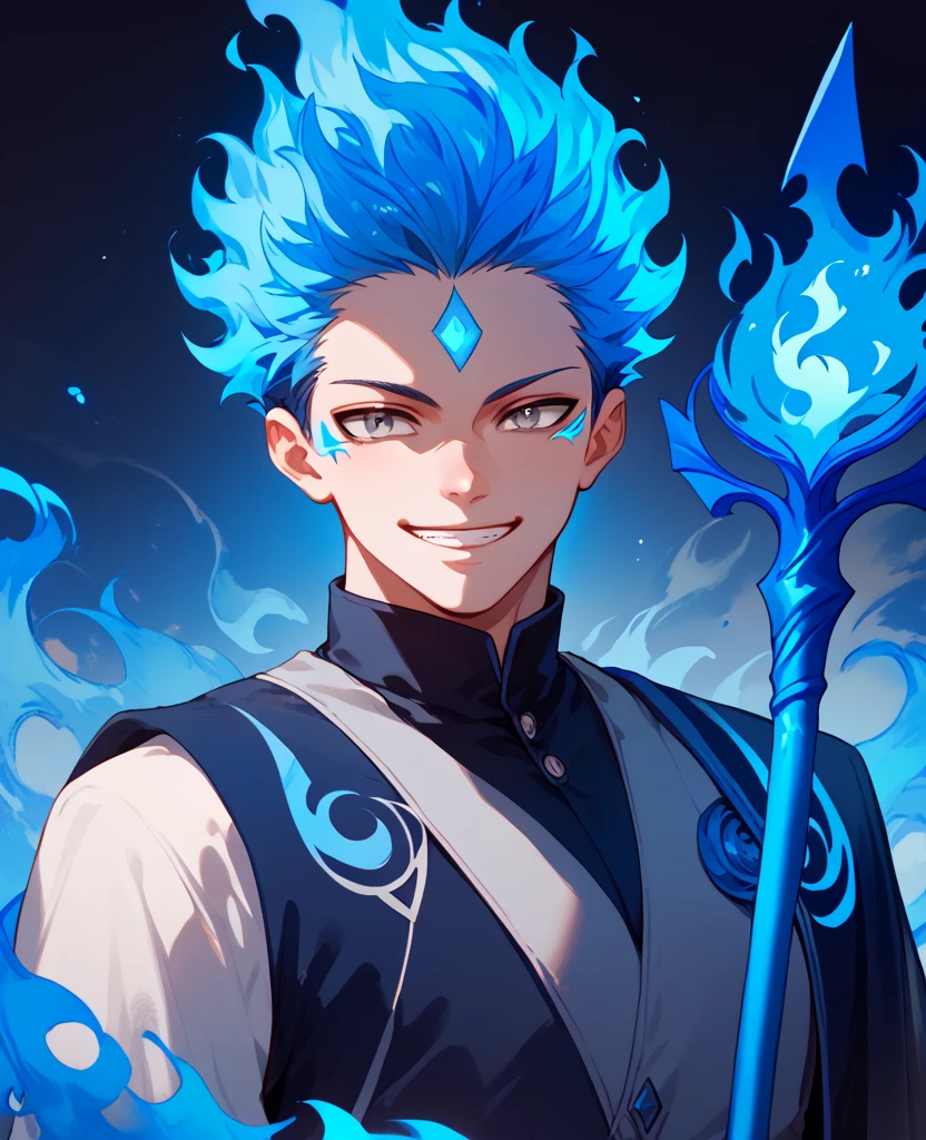 man, flaming hair, white skin, anime style, blue fire powers, gray eyes, blue hair, four eyes, short hair, smile, blue energy trident, blue fire, blue flame throne, spiky hair, blue flame lake