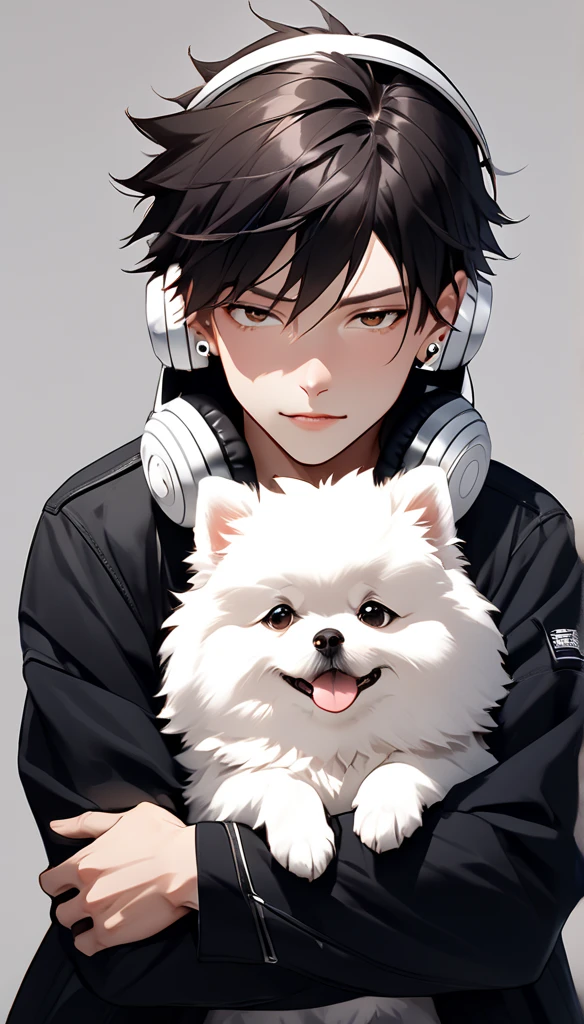 " A young man with bright dark hair, bright skin, and the soft expression , wearing an oversized black jacket.  He wears silver headphones around his neck and has earrings in his left ear .  The man hugs an adorable looking white fluffy Pomeranian dog.  The background is plain white ,  gives full focus to the character of the man and his dog ."