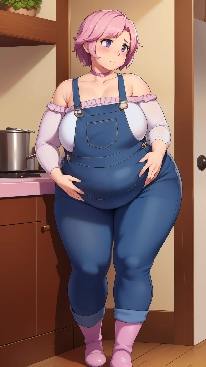 Slightly chubby, sad, farm backround, Full body, looking at viewer, 1girl, solo, short pink hair, (dark blue choker), (too small dark blue denim overalls), (purple eyes), (pink boots), (white shoulder lantern sleeve blouse, tucked in pants, chubby, embarrassed, her hand grabbing her full belly. blushing, slight rips in her clothes. adult and mature. standing in the kitchen, old wooden farm. hands resting on her belly, lethargic. adult, mature.