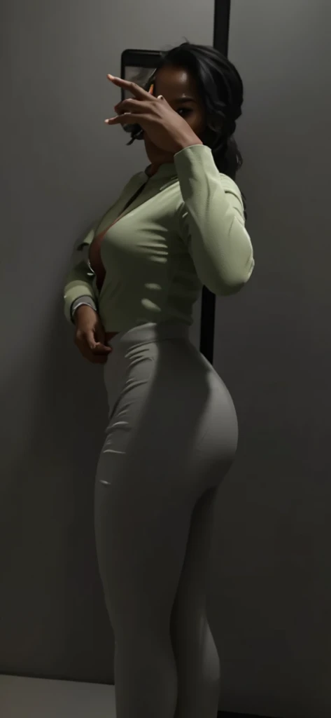 woman in black pants and a white shirt is standing on stage, thicc, big booty, green screen, thick thigs, she is dancing. realistic, full body shot 4k, t pose, natural tpose, dancing in the background, waist reaching ponytail, hands behind her body pose!, middle shot waist up, muscles defined legs ,full body photography, fix hands ,the defined musculature of the legs is visible ,the pants are not shiny, she has real skin, her face is smooth, real, she's Asian