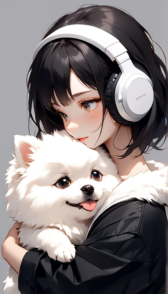 "A young woman with long bright black hair, bright skin, and the soft expression , wearing an oversized black jacket. She wears silver headphones around her neck and has earrings in her right ear.  The woman hugs an adorable-looking white fluffy Pomeranian dog.  The background is plain white , gives full focus to the female character and her dog ."