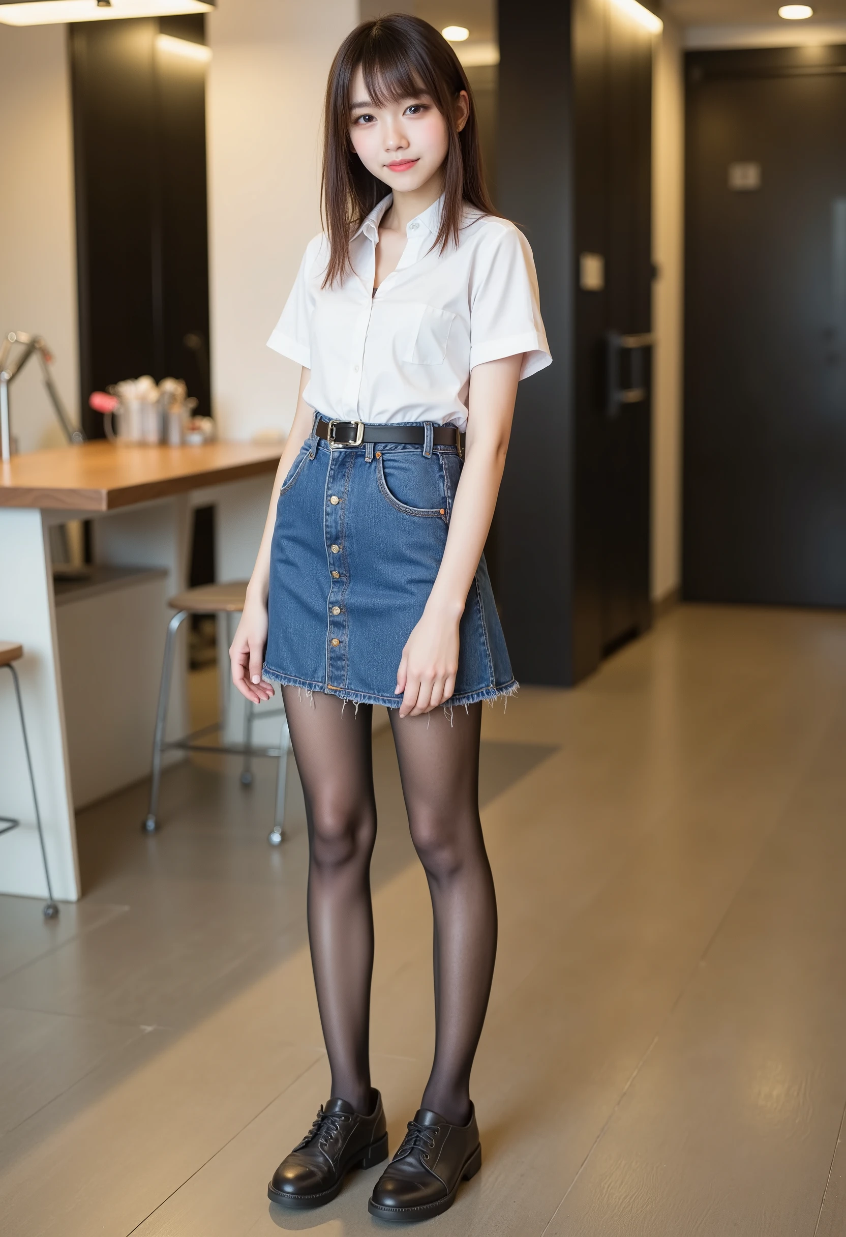 super real , photorealistic , she looks very happy , shadow, Global Pi Illuminations , alone, (Teenage Japanese Girl:1.5), very beautiful and delicate Japanese girl , very beautiful、 smile ,  beautiful legs ， surimi waist 、 long sleeve blouse 、  skinny denim、 black tights 、 sneakers、 facing forward， full body photo ，
