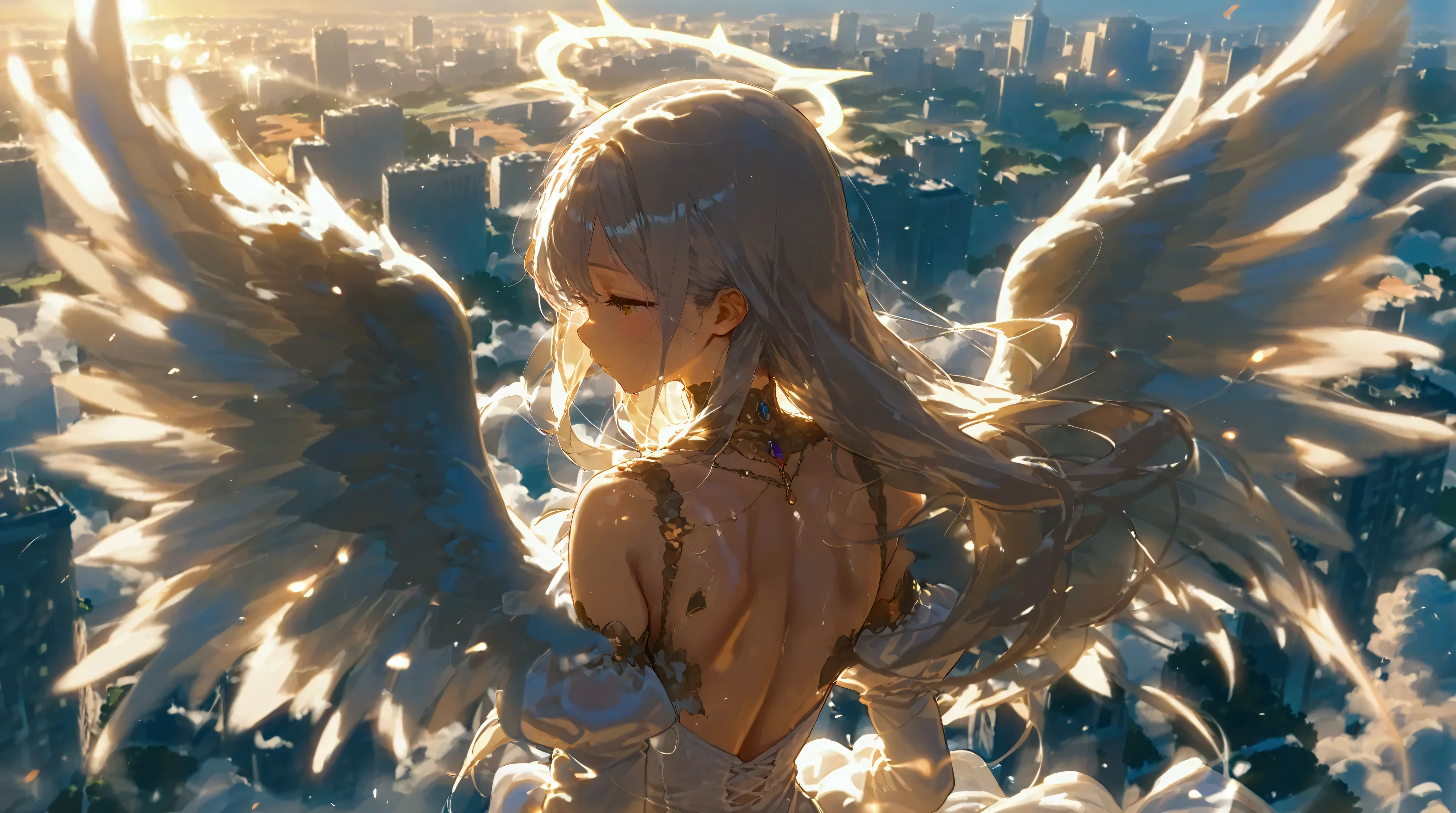  1 girl\((from back:1.5), very beautiful, angel, Long Platinum Hair ,  White Dress with Wide Back ,(big beautiful  angel wing at chest), very beautiful shiny halo\((Blur:1.3)\), arms spread wide,   Quietly Seeking Salvation , Above the Clouds, Looking down at the world below\), Fierce war\((Lots of sparks and fire), Fail, Fighter, Many buildings collapsed, Nature is destroyed,  Magnificent and Spectacular Scenery \)  Under the Clouds , break ,quality\(8k,極めて精細なCGユニットのwallpaper, ​masterpiece, high res,top-quality,top-quality real texture skin, surrealistic, increase resolution , RAW photo,最高のquality, very detailed,wallpaper, cinematic lighting, ray trace,Golden Ratio\),[nsfw], dynamic angles,[nsfw],the above