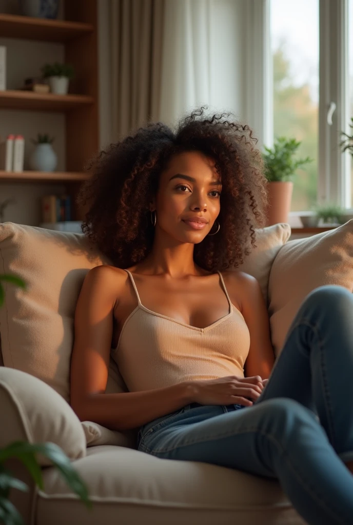 create a realistic image of a beautiful 1 black girl, her name is Anny(short curly hair, brown dark eyes, turned legs, yellow medium women&#39;s shirt, green jeans, bent at the bar), she is on her knees and legs together on the floor at the front of the bed in her room,  Head a little down, eyes locked, hands together on the legs, sharp image with brightness