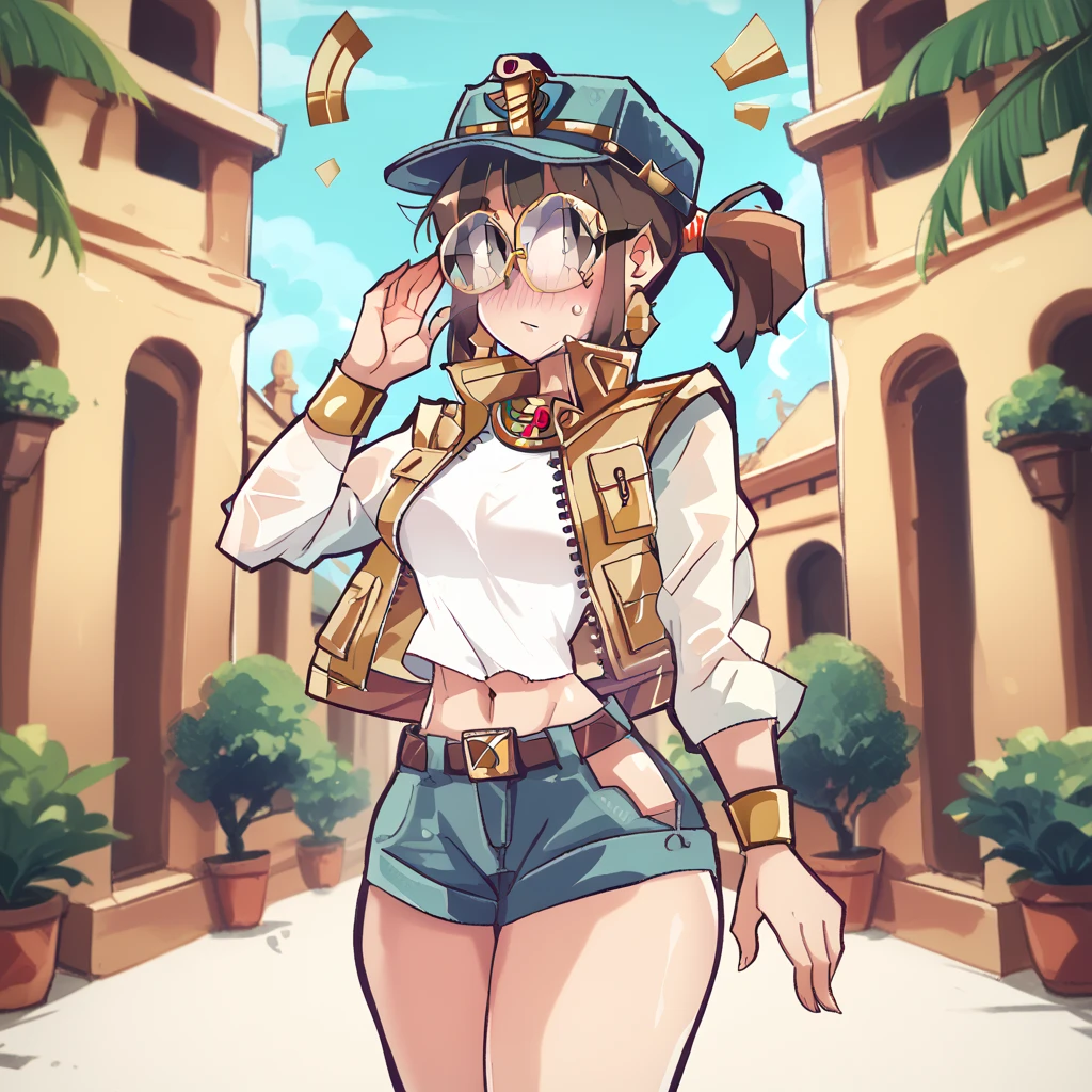 (Masterpiece, Best Quality, High Quality), anime style, fio germi, glasses, cropped jacket, hat, shorts, brown hair, short ponytail, 8k wallpaper, looking at viewer, earrings, outdoors, erotic figure, (blushing:1.2) , Egypt, dbp, pharaoh pose, profile picturel